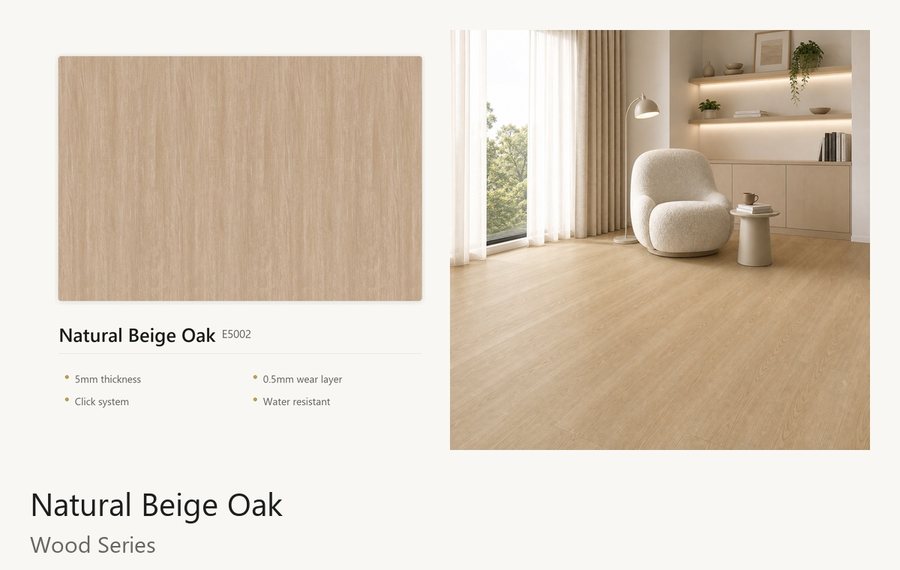 Natural Beige Oak vinyl flooring colour with lifestyle preview