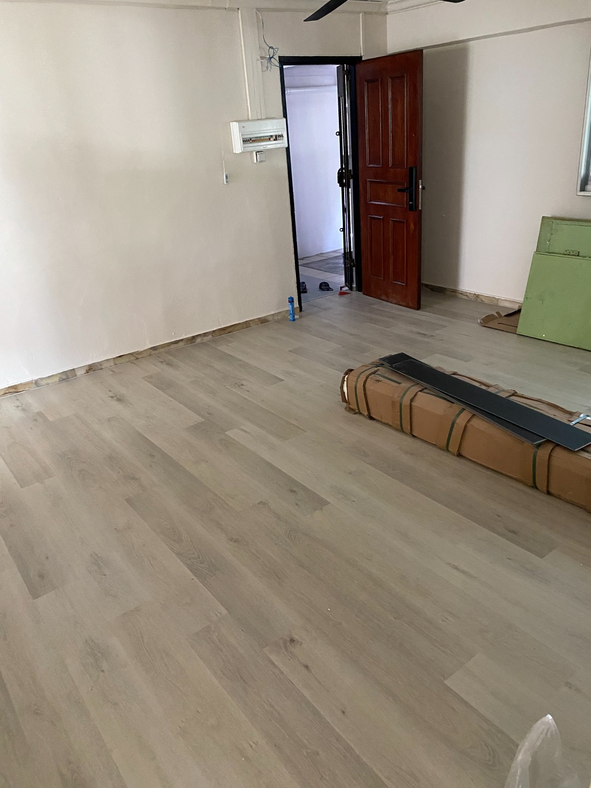 Vinyl flooring installation in progress